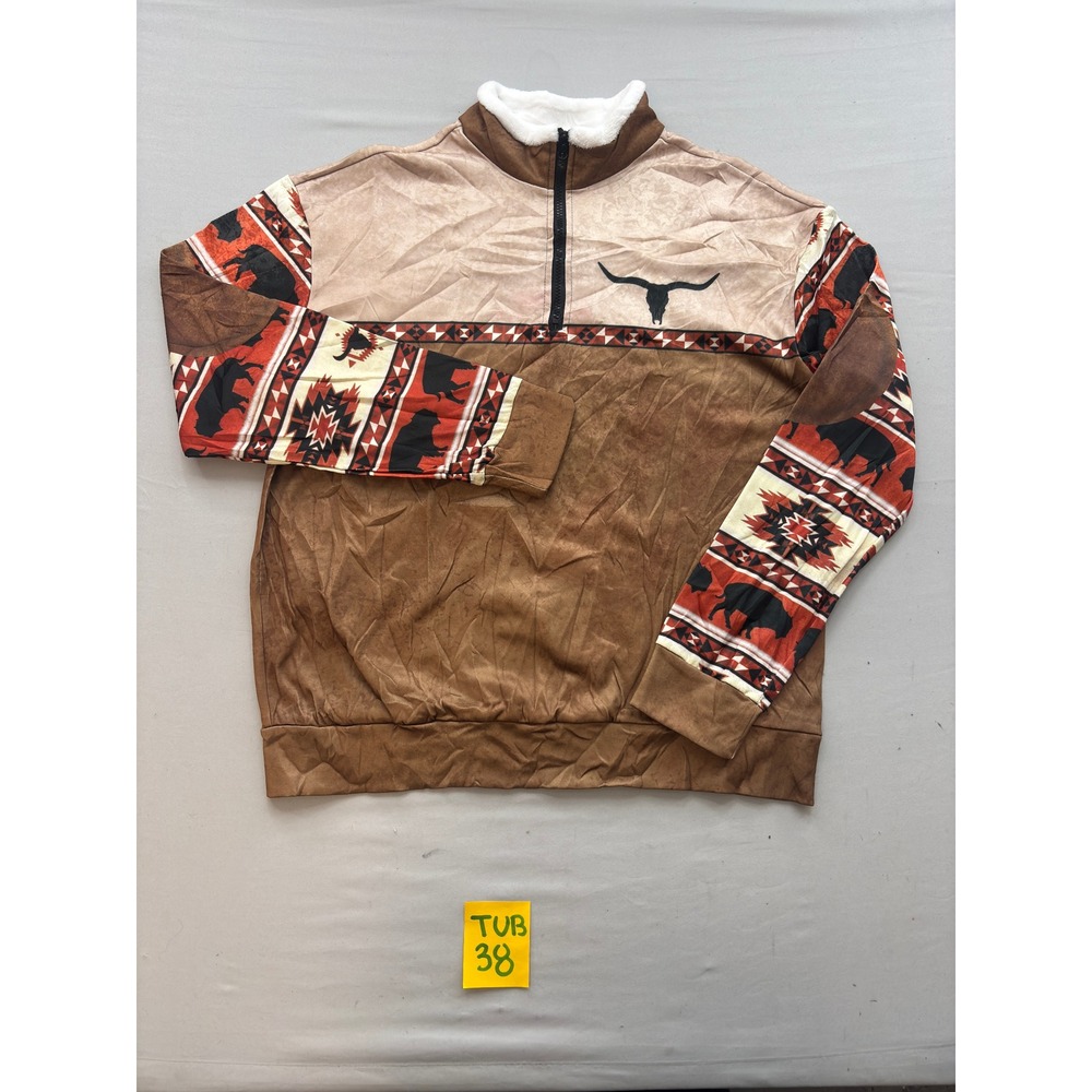Western Buffalo Steer Skull Quarter Zip Pullover Brown Southwestern Mens Medium